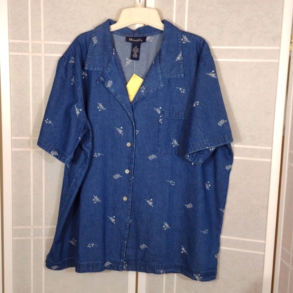 Denim & Co Blue Short Sleeve Embroidered Button Front Blouse